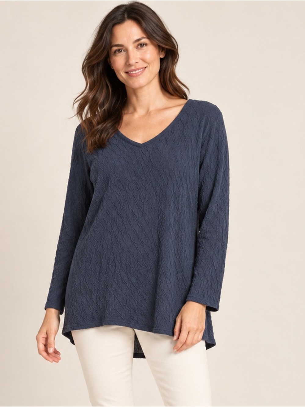 Pure Jill Women’s Medium Navy Crinkle Textured V-Neck High-Low Tunic Top